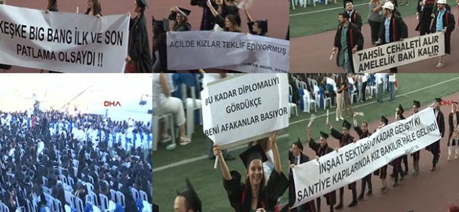 Mezuniyet törenine damga vuran pankartlar