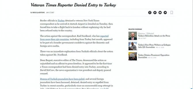 NYT: İlk kez bir muhabirimizin Türkiye'ye girişine izin verilmedi