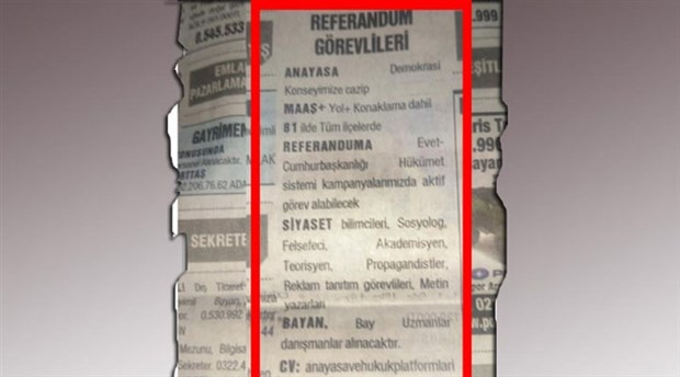 Evet kampanyası için gazete ilanıyla eleman arıyor