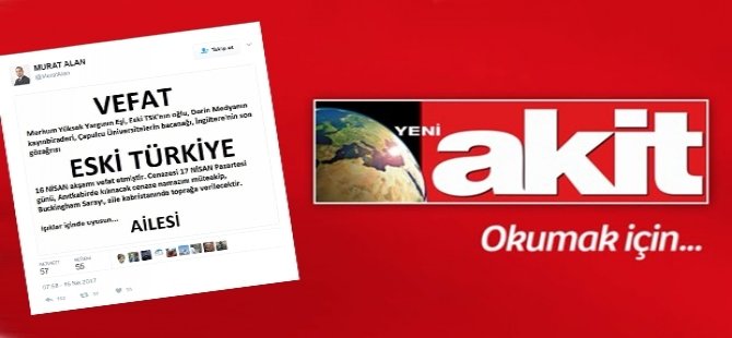 Yeni Akit, Cumhuriyet'in ölüm ilanını yayımladı