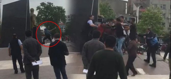 Atatürk anıtına baltayla saldırdı, linçten zabıta kurtardı