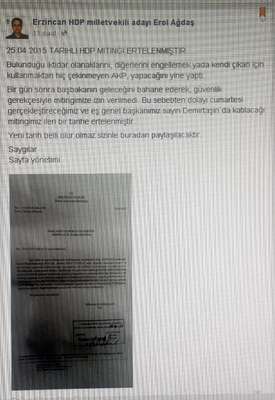 Demirtaş'ın cumartesi günü yapacağı mitinge, pazar günü Davutoğlu'nun mitingi  var diye izin verilmedi