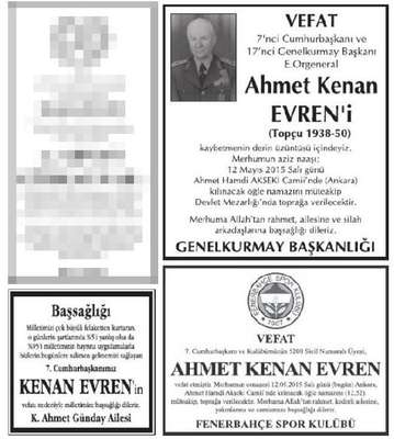 Kenan Evren için başsağlığı ilanları