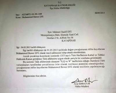 'W' harfli isimi kabul etmeyen Nüfus Müdürlüğü'nden 'X' harfli adrese tebligat