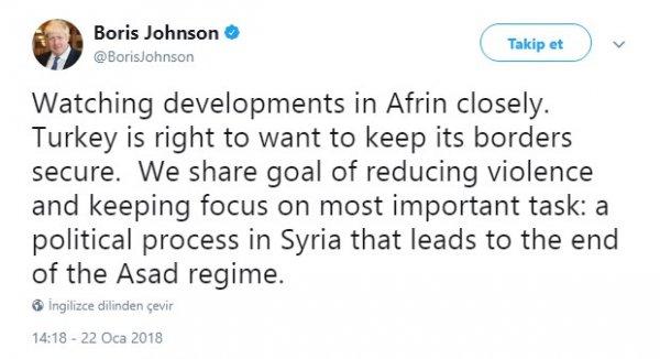 İngiltere'den Afrin Operasyonu'na destek
