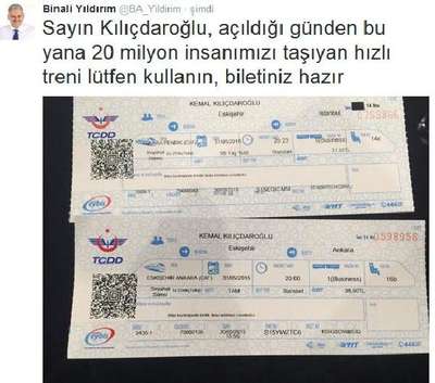 Yıldırım'dan, Kılıçdaroğlu'na hızlı tren bileti