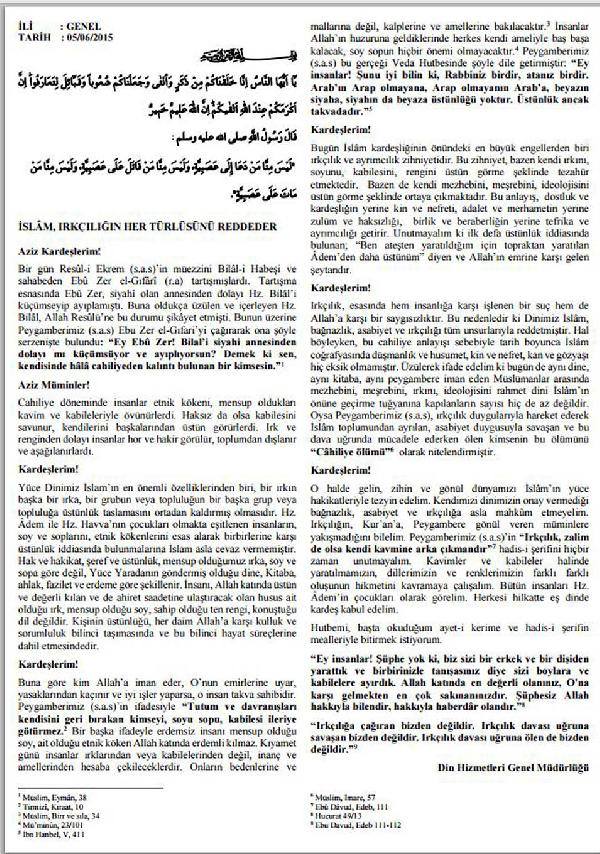 Diyanet’ten cuma hutbesi: Irkçılık davası uğruna ölen de bizden değildir