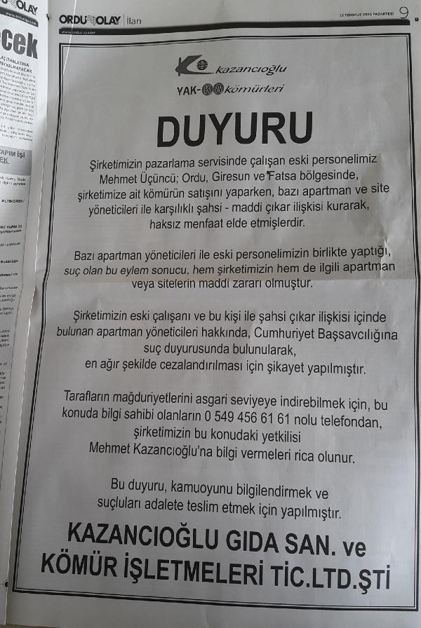 Şirketini zarara uğrattığını iddia ettiği eski elemanı için gazeteye ilan verdi