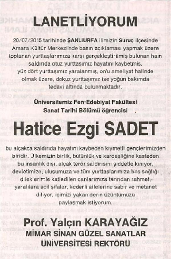 Rektörden Ezgi Sadet için başsağlığı ilanı