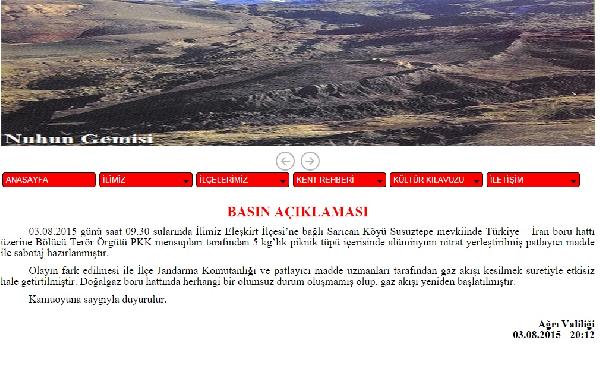 Ağrı'da PKK'nın doğalgaz boru hattına sabotajı önlendi