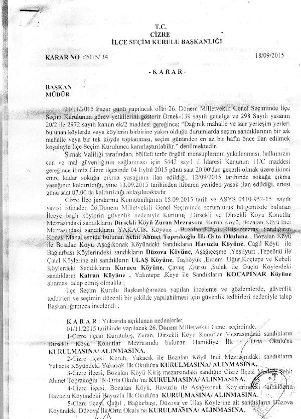 Cizre'de sandık taşıma kararı sadece merkez için değil, 23 köy ve mezra içinde alınmış