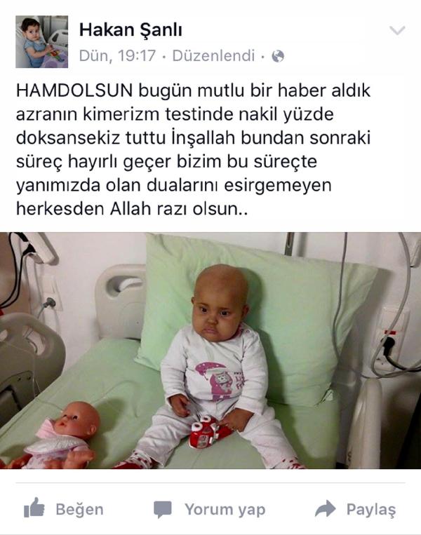 Minik Azra'ya nakledilen ilik tuttu