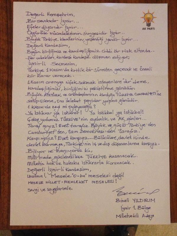 Yıldırım seçmene mektup yazdı