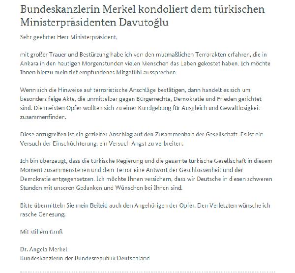Merkel: "Bu terör saldırıları doğrudan sivil haklar, demokrasi ve barışı hedefleyen korkakça bir davranıştır."
