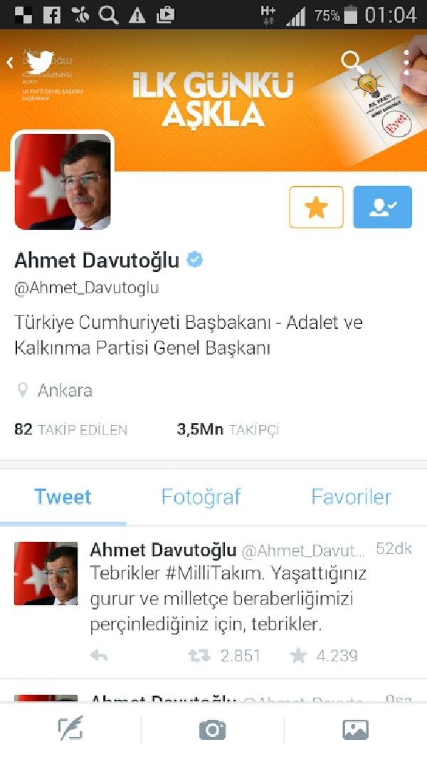 Başbakan Davutoğlu'ndan Milli Takıma tebrik