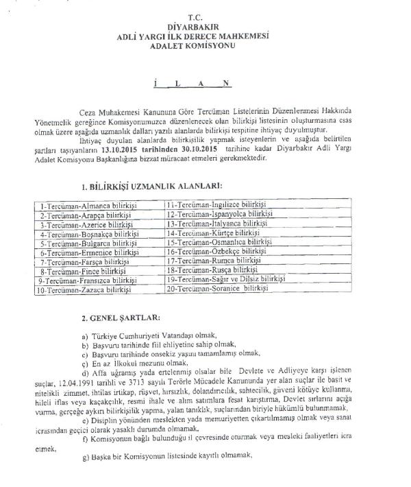 Diyarbakır'da yargı için Kürtçe, Zazaca ve Soranice bilirkişi aranıyor