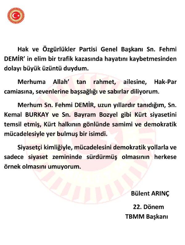Arınç'tan, Fehmi Demir için taziye mesajı