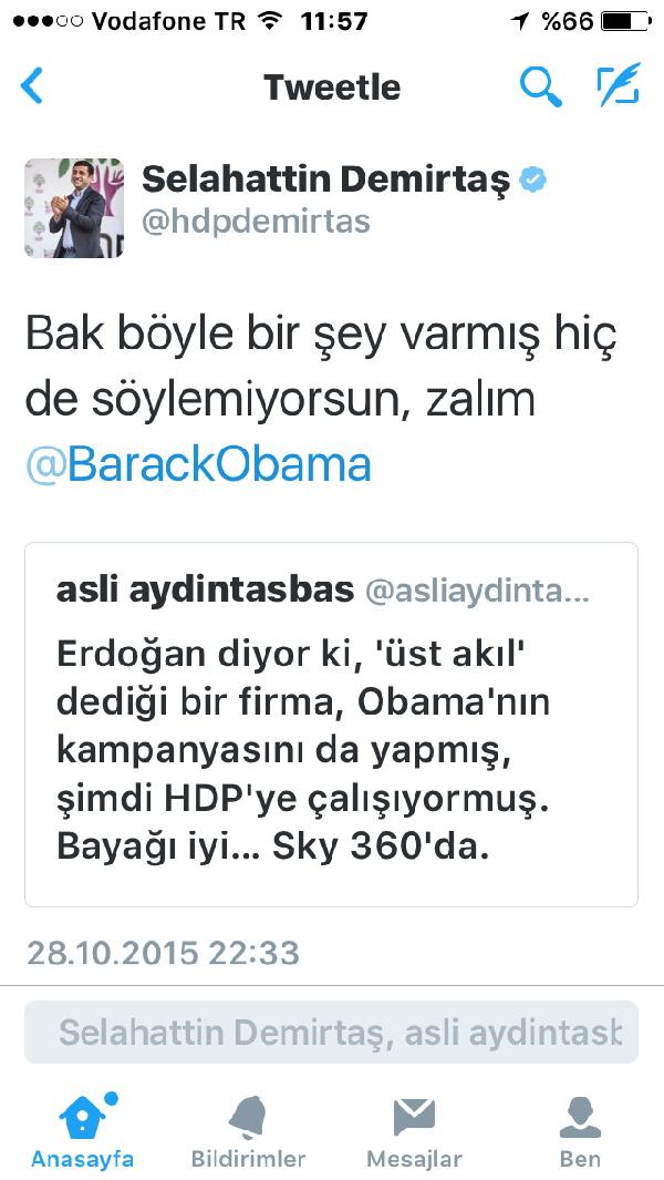 Demirtaş'tan Obama'ya tweet : Bak böyle bir şey varmış hiç de söylemiyorsun zalım