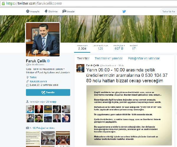 Bakan Çelik, üreticilerin sorunlarını cep telefonundan dinleyecek