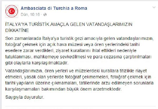 Büyükelçilikten İtalya’ya gelen Türk turistlere uyarı: “Tarihi eserlere zarar vermeyin”