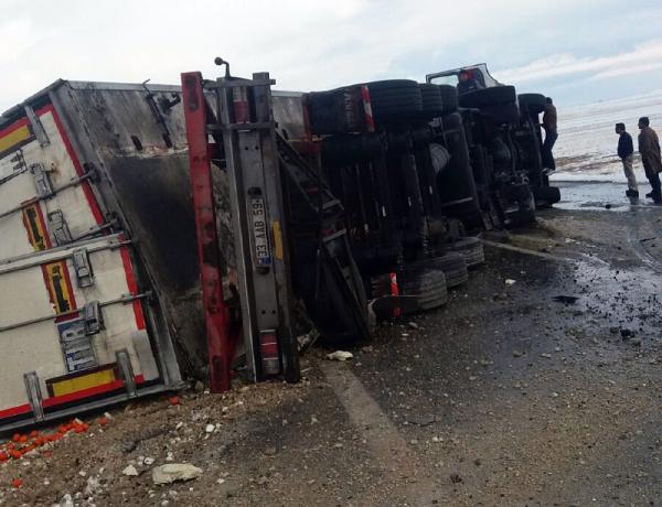 Adilcevaz’da portakal yüklü TIR devrildi, sürücü yaralandı