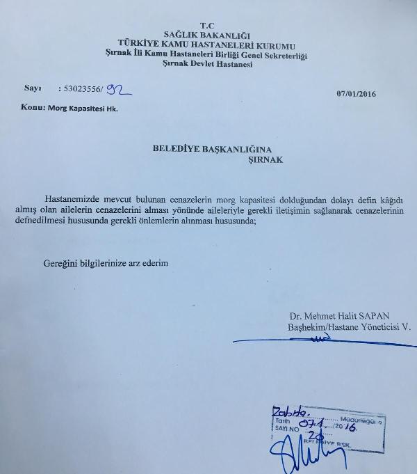 Şırnak Devlet Hastanesi, belediyeden cenazelerin alınıp defnedilmesini istedi