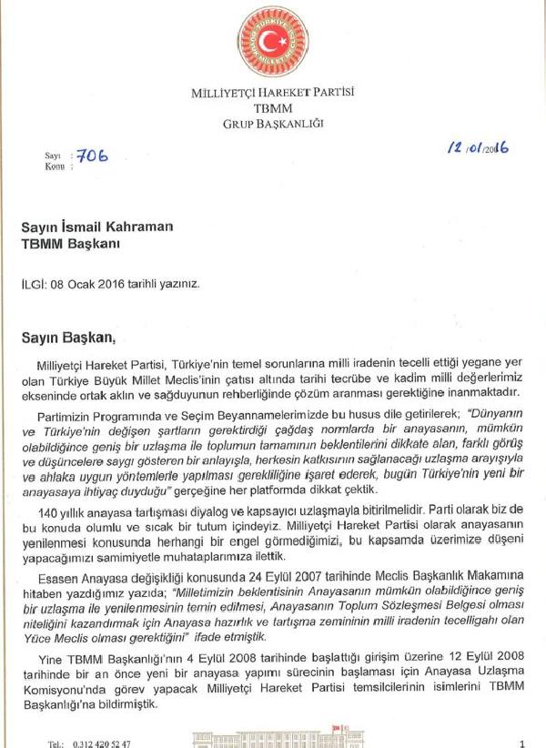 Bahçeli'den Meclis Başkanı Kahraman'a 'yeni Anayasa' mektubu
