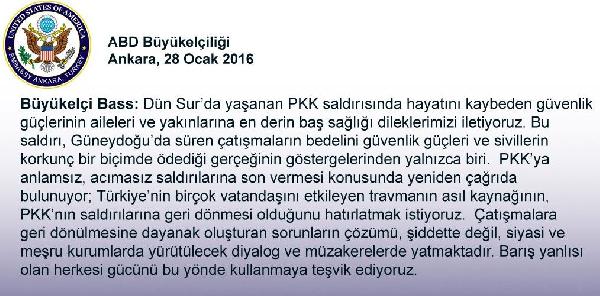 ABD Büyükelçisi Bass: PKK'ya acımasız saldırılarına son vermesi konusunda çağrıda bulunuyoruz