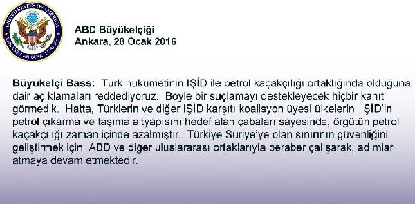 ABD Büyükelçisi Bass: Türk hükümetinin IŞİD'le petrol kaçakçılığı ortaklığında olduğuna dair açıklamaları reddediyoruz
