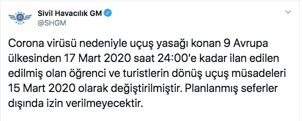 Dönüş uçuşları 2 gün öne alındı