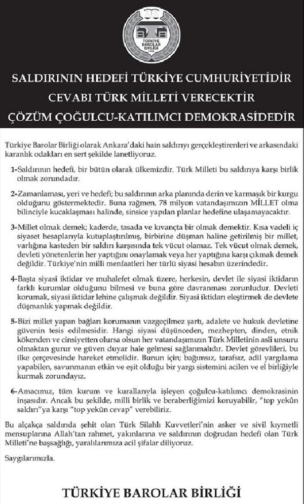 TBB: Saldırının hedefi Türkiye Cumhuriyetidir, cevabı Türk milleti verecektir
