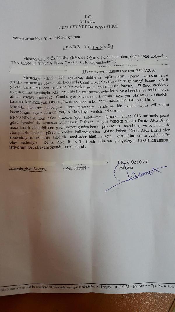 Trabzonspor taraftarından hakem Bitnel'e suç duyurusu