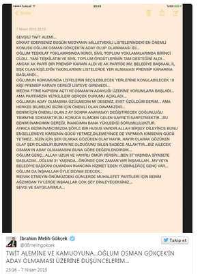Gökçek'ten, oğlu ilgili ilk açıklama