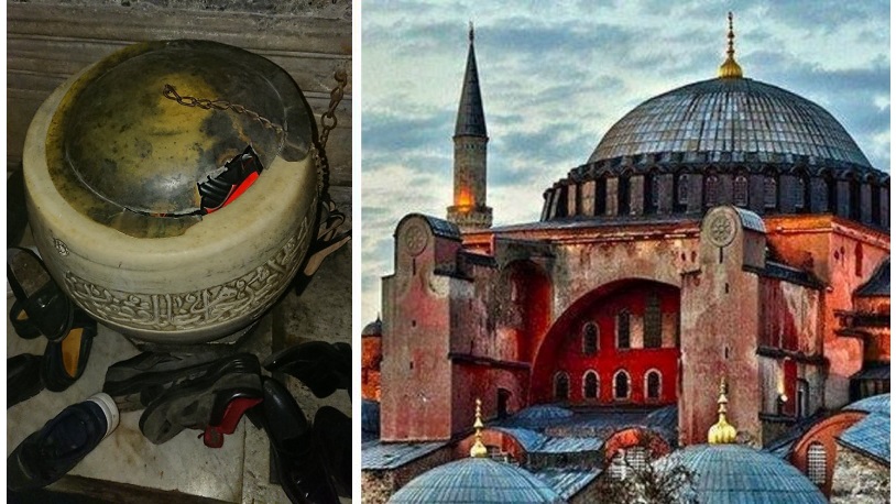 Ayasofya'da tarihi su haznesi kırıldı, ayakkabılık oldu