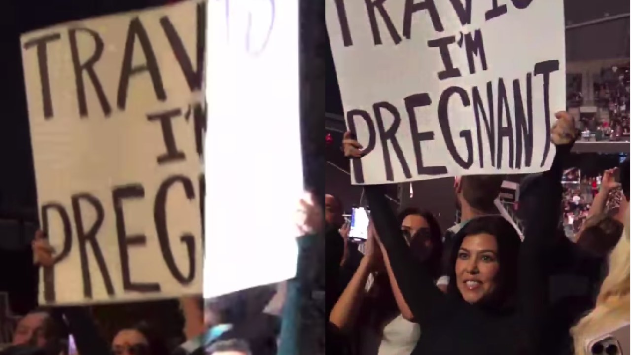 Kourtney Kardashian hamile olduğunu eşinin konserinde pankart açarak duyurdu
