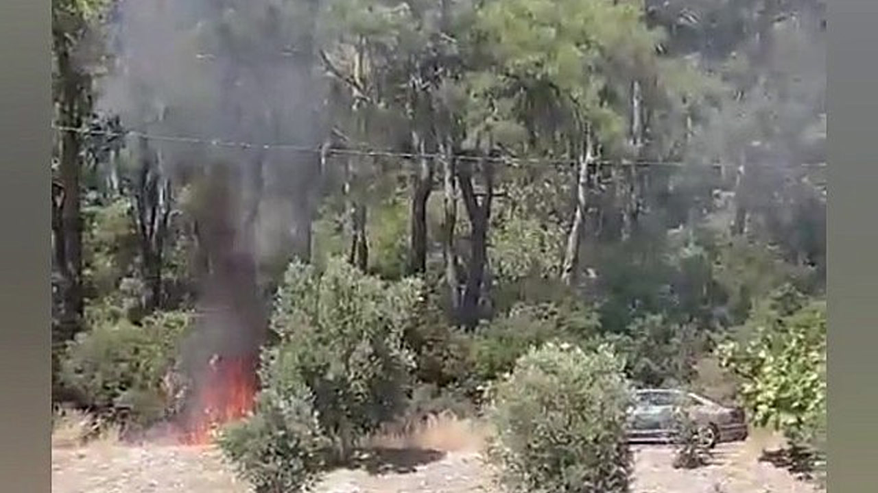 Orman yangını başlarken kaçan gri otomobil videoya yakalandı