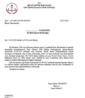 BAKANLIKTAN 81 İL MÜDÜRLÜĞÜNE DERSHANE GENELGESİ