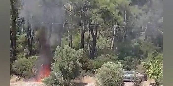 Orman yangını başlarken kaçan gri otomobil videoya yakalandı